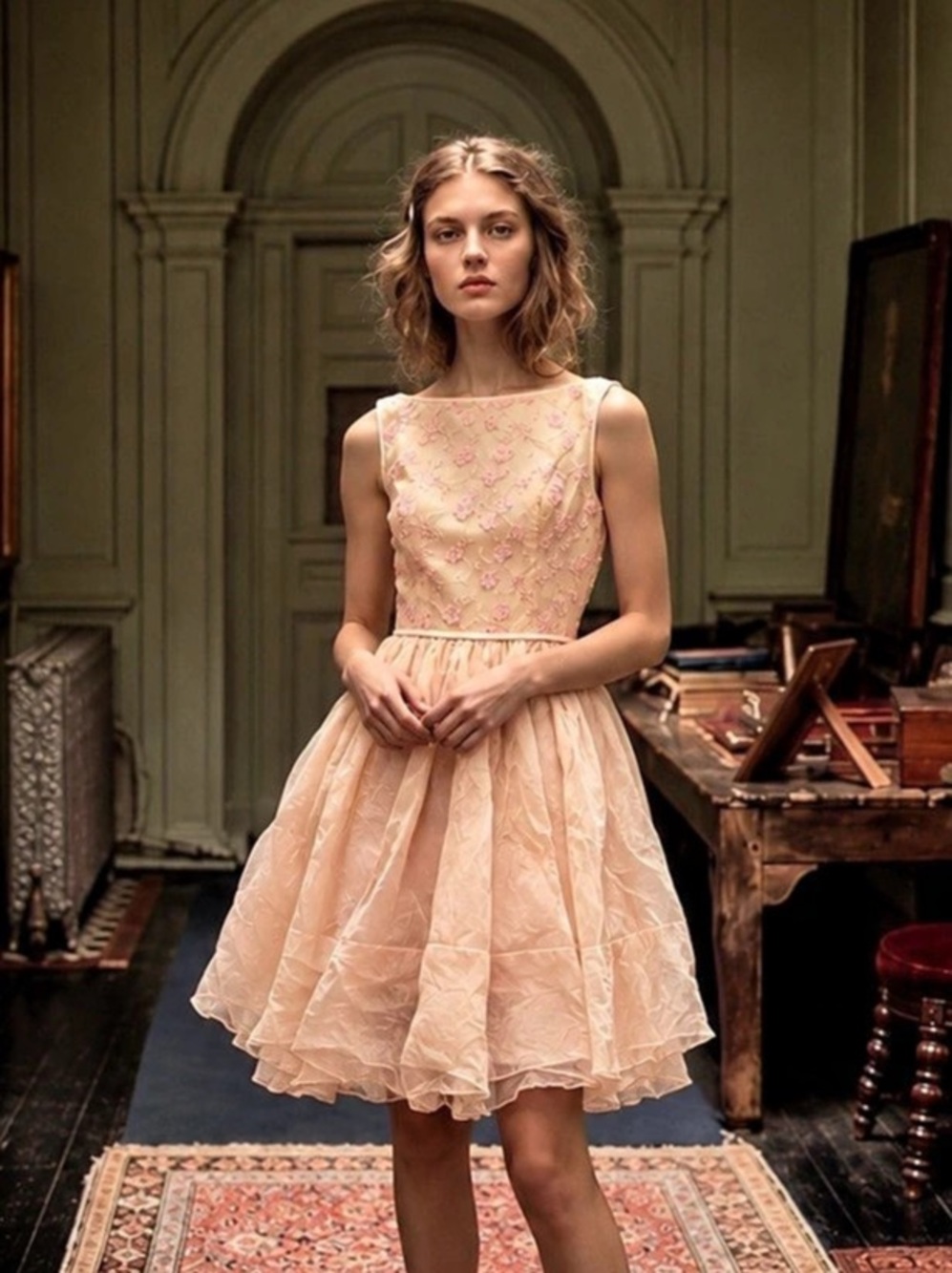 1950s Vintage Silk Chiffon Floral Embroidered Metal Zip Romantic Ethereal Dress